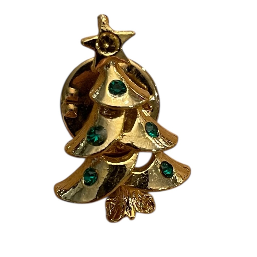 Christmas Tree Lapel Pin Mid-Century Vintage Eisenberg Ice Gold Tone Rhinestones